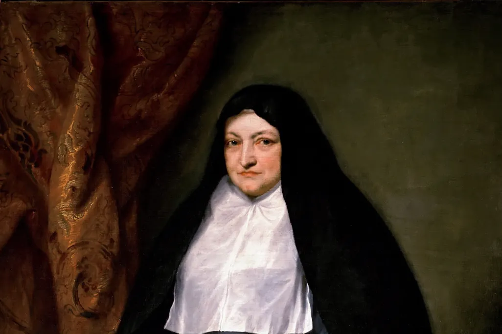 A portrait of an elderly white woman dressed in simple black and white mourning clothes, holding a black sash tied around her waist
