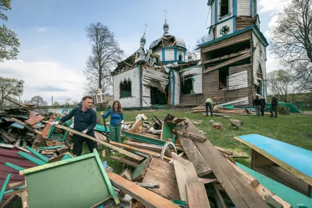 Ihor Poshyvailo, director of the Maidan Museum in Kyiv and co-founder of Ukraine&rsquo;s Heritage Emergency Response Initiative, along with his crew, salvages the remains of the Church of the Nativity of the Blessed Virgin Mary built in 1862 and shelled by the Russians in March 2022.