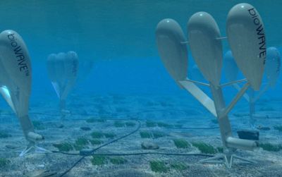 An underwater system generates power through blades that mimic the swaying motion of coral and kelp.