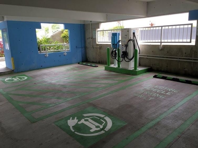 Electric car charging station in a Miami, Fla., garage.