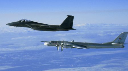 A U.S. fighter meets a Russian bomber over Alaska.