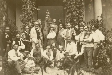 Harriet Goodhue Hosmer, center, with her assistants and carvers in her studio in Rome in 1867