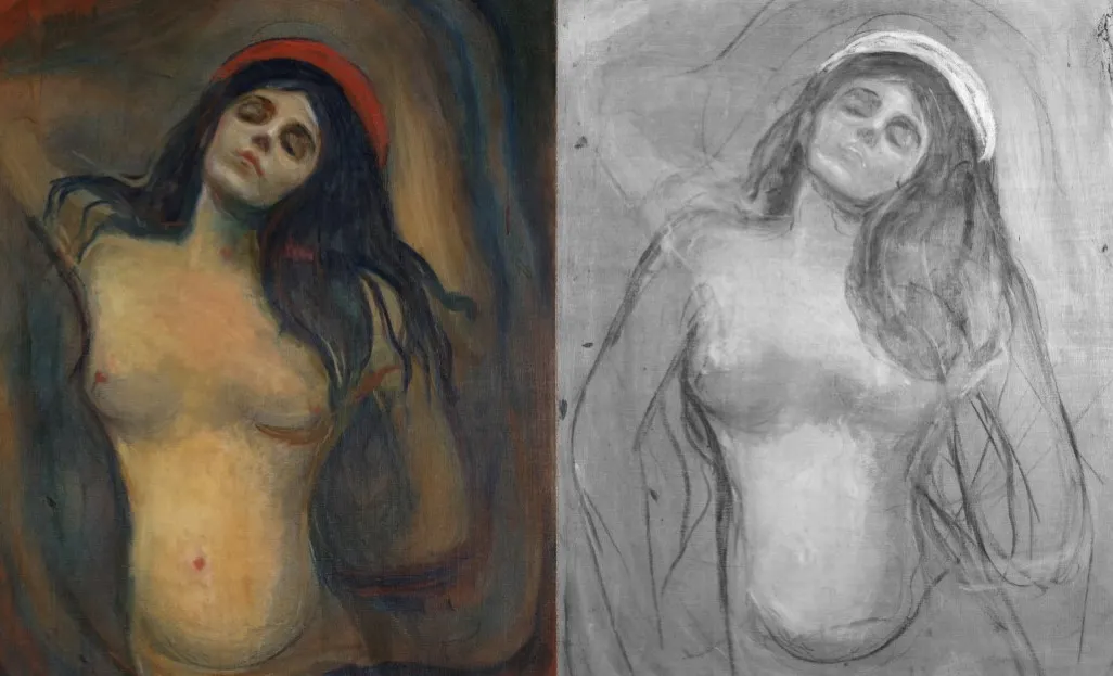 A color version of the image of a nude woman, left, next to a black and white version of the underdrawing for the painting, which shows the woman's arms lowered at her sides