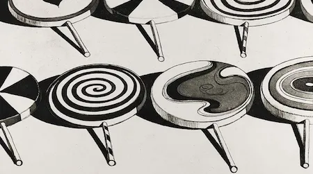 We love candy, to eat and to look at. Big Suckers, from the portfolio Seven Still Lifes and a Silver Landscape. Wayne Thiebaud, 1971.