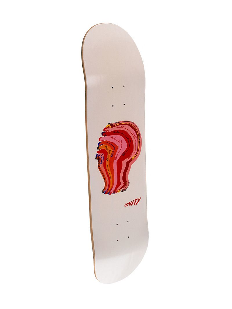 Unity Skateboard deck is a wood maple laminate construction with a red deck surface. The bottom of the deck has a white ground with an original drawing from Unity Skateboards founder, Jeff Cheung.