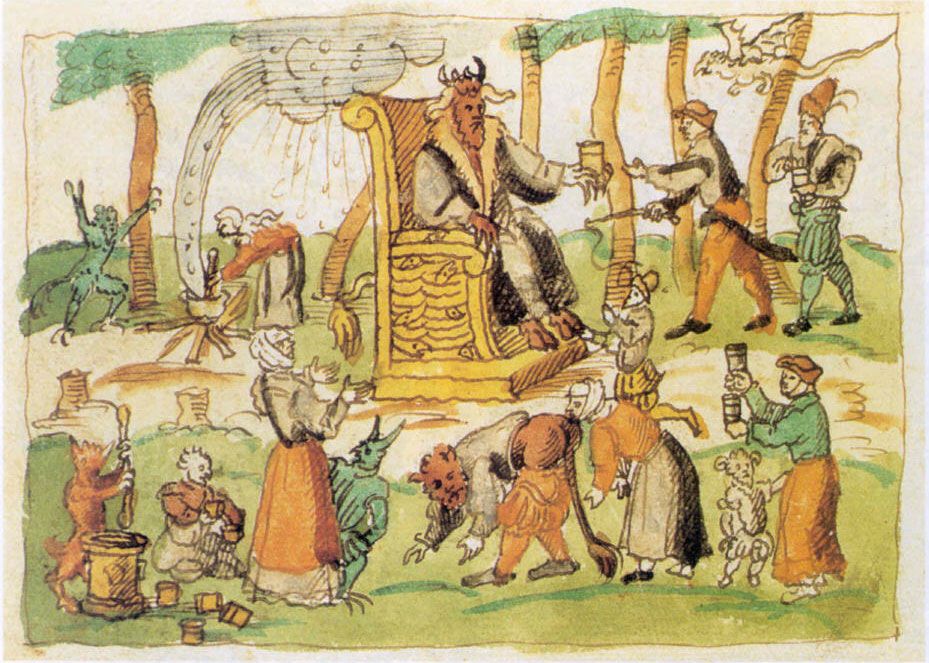 Color illustration of men and women tending to a devil figure on a golden throne.