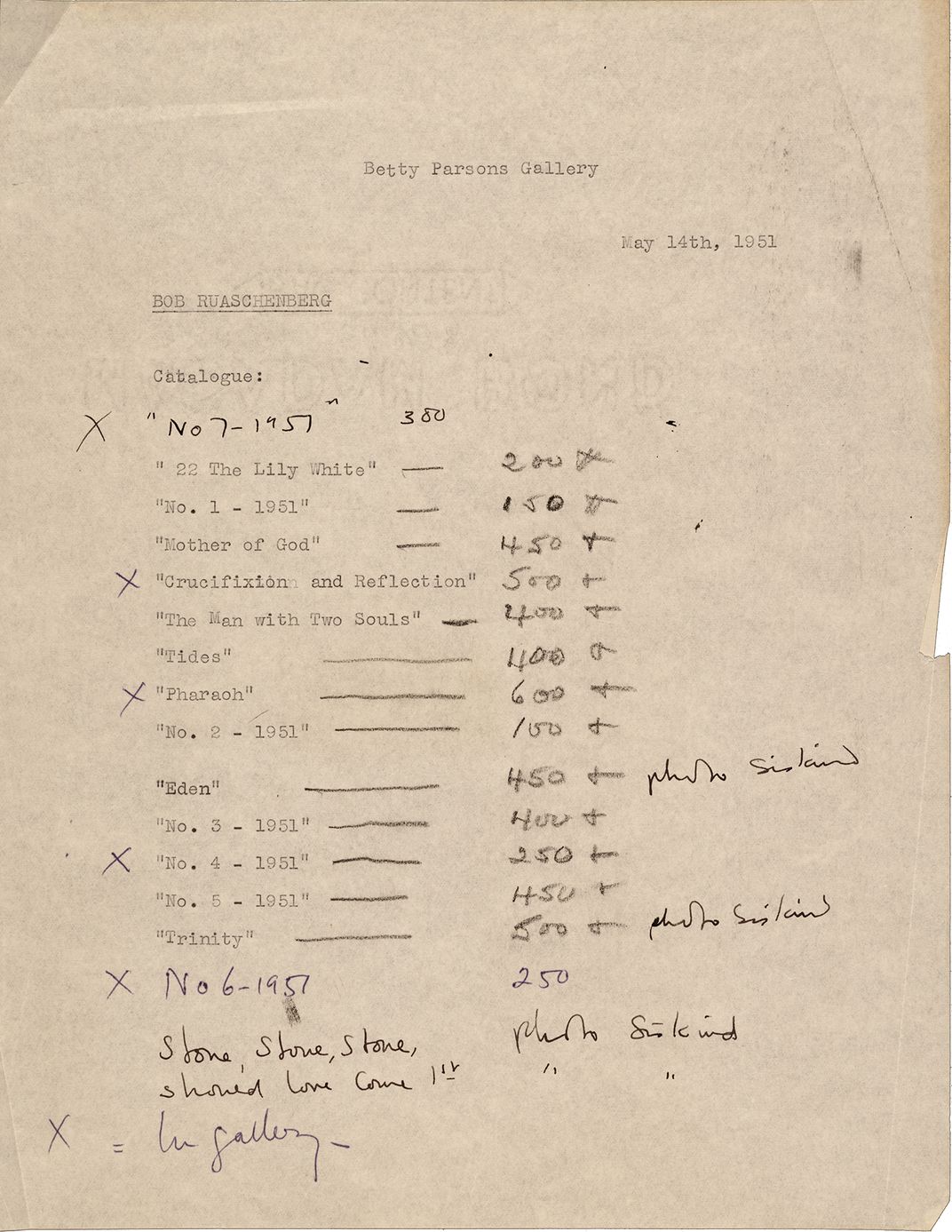 Checklist of a Robert Rauschenberg exhibiiton at Betty Parsons Gallery