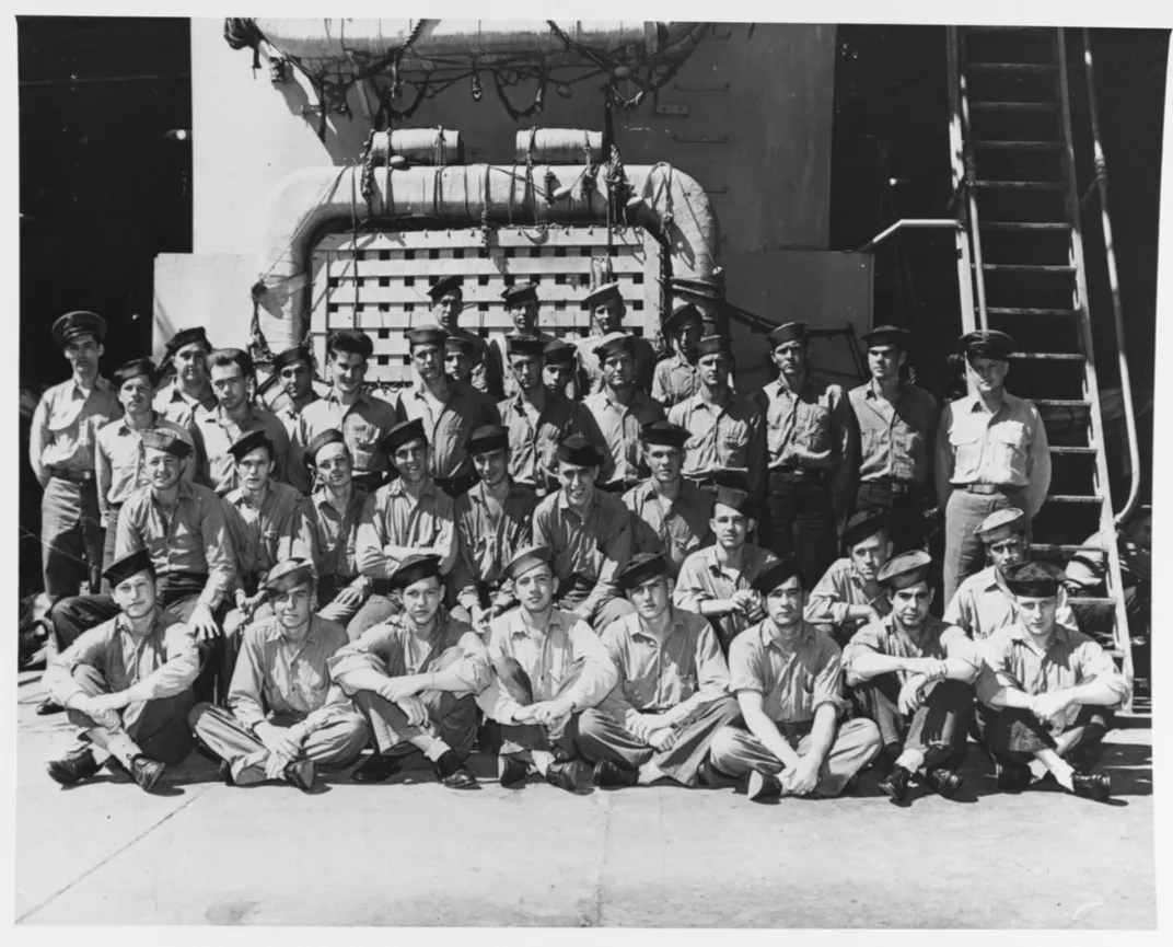 Members of the Indianapolis' crew pose on the ship at some point during World War II