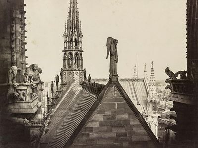 A rooftop view with gargoyles on the left and other statuary, circa 1860.