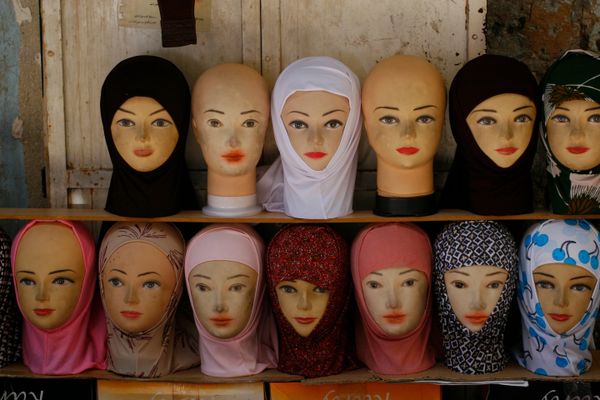 A headscarf display in the Muslim section of Jerusalem. thumbnail