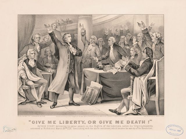 A 19th-century lithograph of Patrick Henry&#39;s &quot;give me liberty or give me death&quot; speech