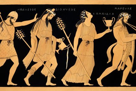 Illustration of a Greek vase shows Dionysus leading three revelers toward likely hangovers 