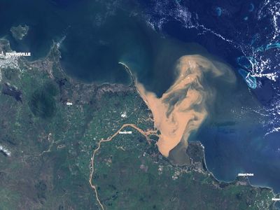 A plume of sediment off the coast of Queensland after recent flooding.