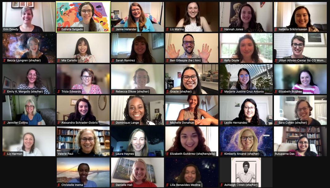 Zoom video chat with 28 people, a mix of students and older mentors