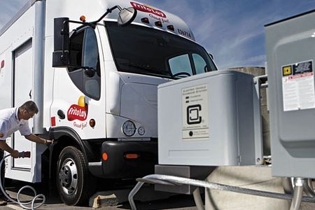 A Smith electric delivery van (such as this one in New York City) can reduce emissions by 85 percent, compared with diesel power.