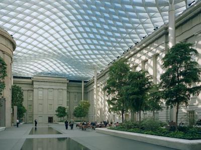 Pools at the Kogod Courtyard reflect the roof&mdash;and invite visitors to walk on water.
