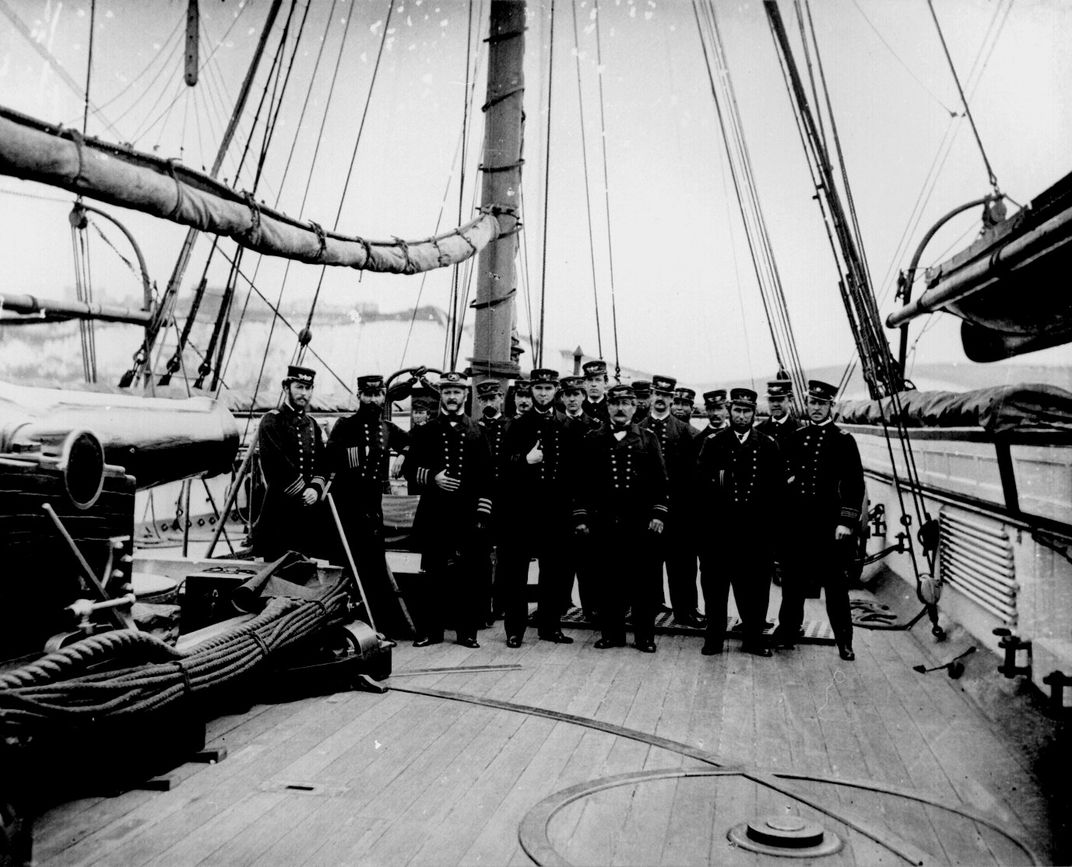 Naval officers on board the Kearsarge, including Captain John A. Winslow (foreground, third from the left), shortly after the sinking of CSS Alabama