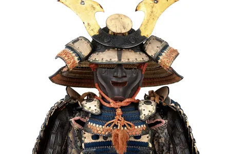 This suit of armor bears the crest of the powerful Ikeda family. The helmet dates to the 14th century, and the suit&mdash;including the bear-fur shoes&mdash;dates to the 18th.