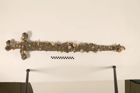 The three-foot-long iron sword is covered in sediment and shells.