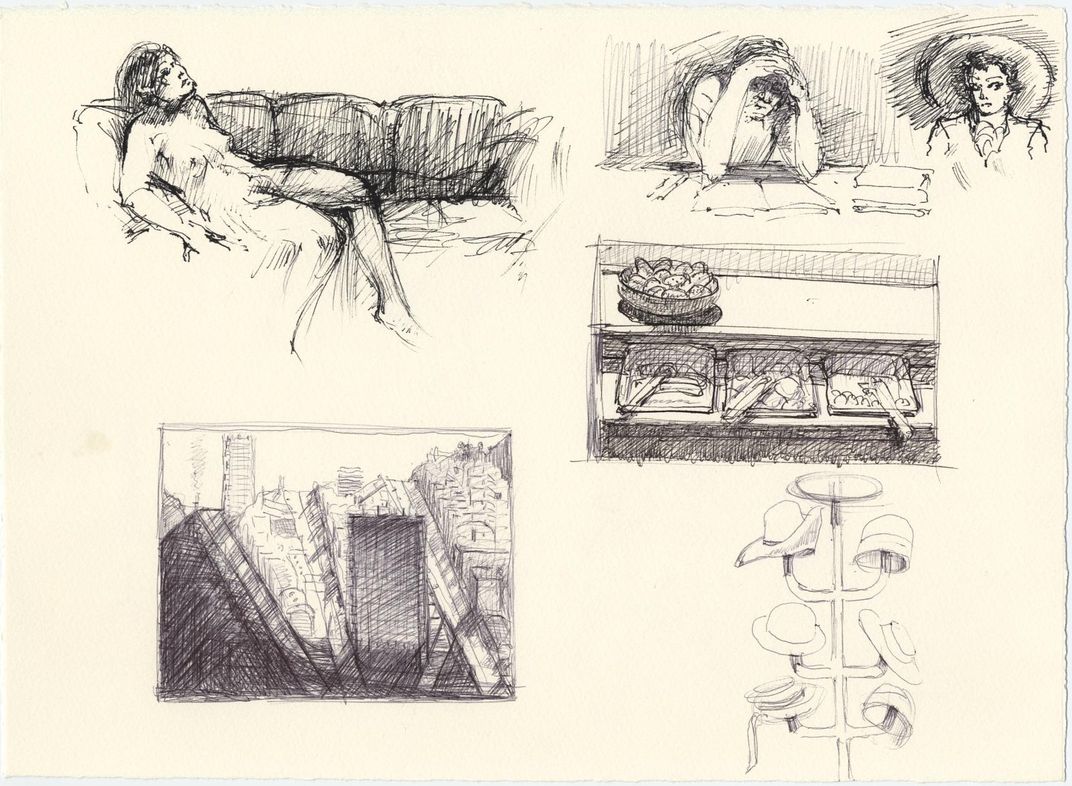 sketched of a nude woman reclining, a cityscape, hat rack