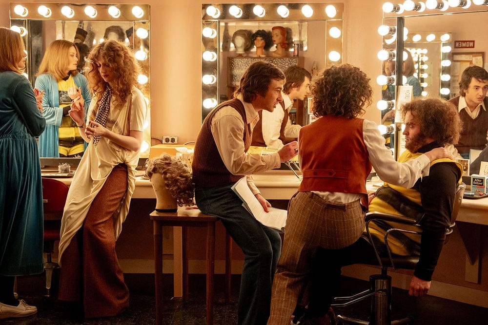 L to R: Kim Matula as Jane Curtin, Emily Fairn as Laraine Newman, Gabriel LaBelle as Lorne Michaels, Rachel Sennott as Rosie Shuster and Matt Wood as John Belushi in Saturday Night, a new film about the making of “Saturday Night Live”