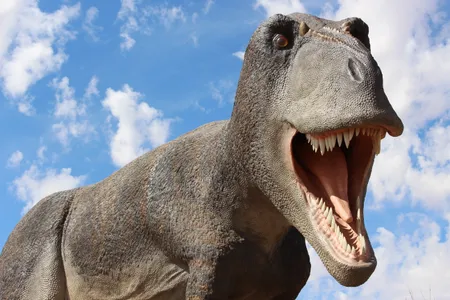 A fuzzy Tyrannosaurus roars across the Utah desert at Moab Giants.