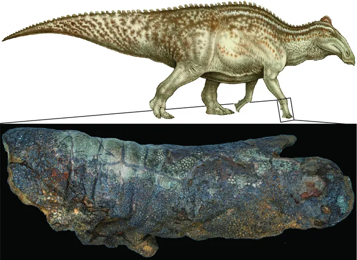 An illustration of an Edmontosaurus and a picture of its preserved forelimb.