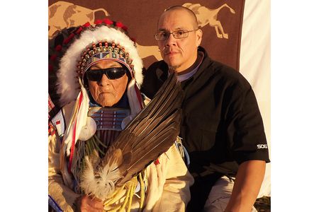 Chester Medicine Crow (Apsáalooke, Crow) and his grandfather Joe Medicine Crow (Apsáalooke, Crow)
