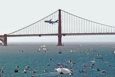 Low down and dirty: A United 747-400 flies a "dirty" pass (with flaps and gear down) by the Golden Gate Bridge during the 2010 Fleet Week Air Show.