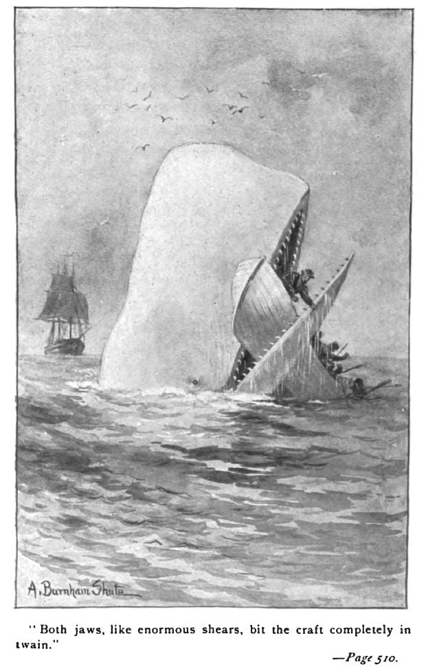 A sperm whale breaks through the ocean's surface and captures a boat in its jaws.