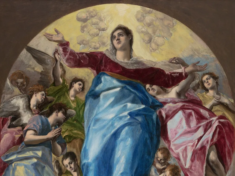 A Madonna wears a bright blue dress and stands on a sliver of a moon, rising up through a crowd of angels and people watching her in awe