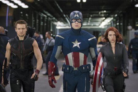 L to R: Hawkeye (Jeremy Renner), Captain America (Chris Evans) & Black Widow (Scarlett Johansson)