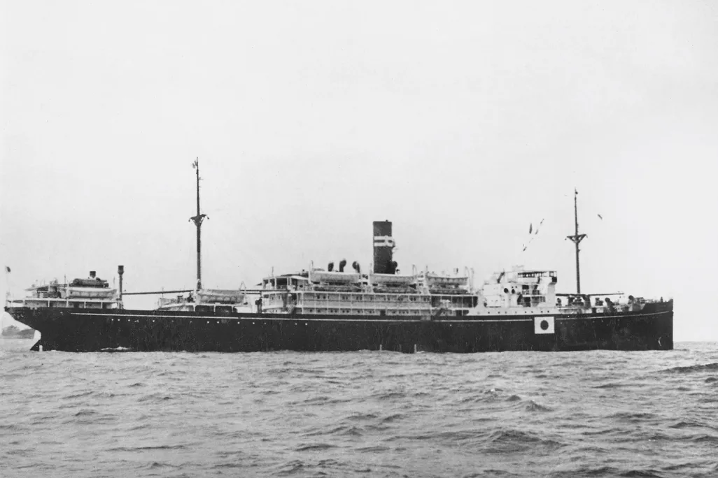Black and white photo of freighter ship