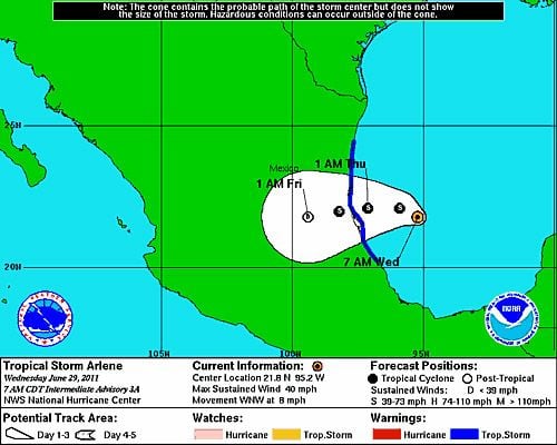 Tropical Storm Arlene is predicted to make landfall in Mexico early Thursday morning