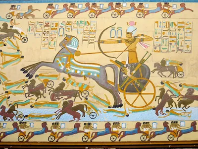 A reconstruction of a painted fresco depicting the Battle of Kadesh between the Egyptian Empire and the Hittite Empire.