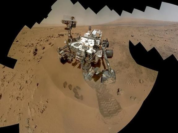 A composite image of self-portraits taken by Curiosity on Mars.