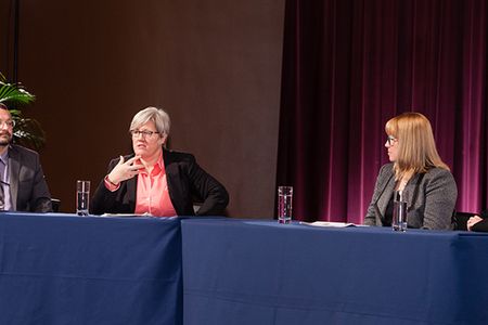 From left to right, panelists Eric Hollinger, Rachel Kyte, Cori Wegener and Melissa Songer discuss ideas for living in the Anthropocene.