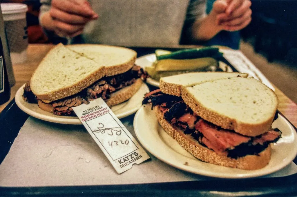 Sandwiches and pickles at Katz's Delicatessen in New York City