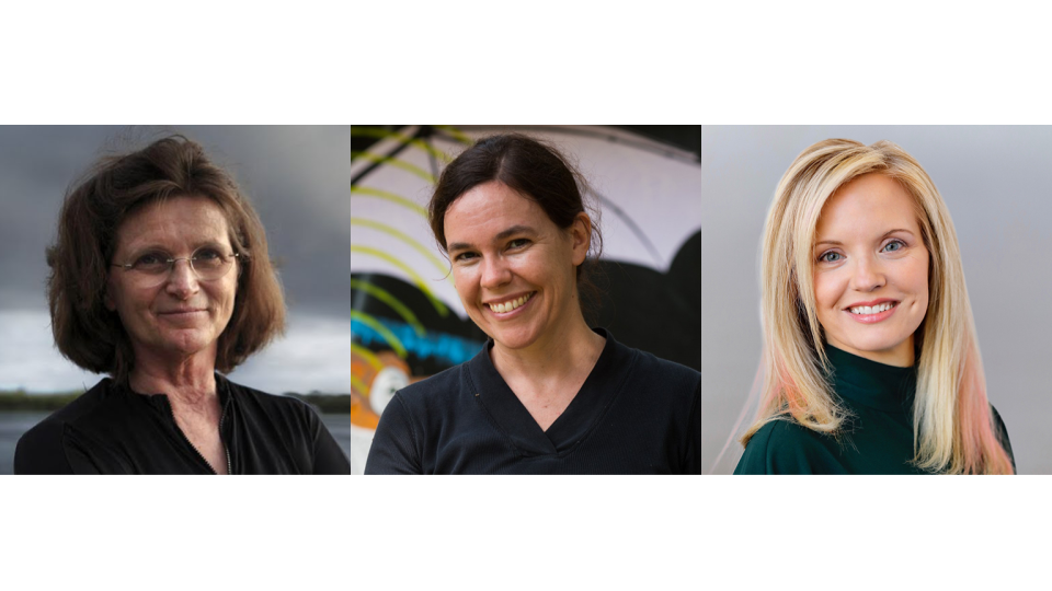 From left to right there are three panels. In the first panel, Dr. Nancy Knowlton is smiling in front of a dark, cloudy sky. She has brown hair and is wearing glasses and a black wet suit. In the second panel, Dr. Rachel Page is smiling, has her hair up,