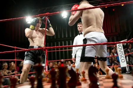 A chessboard awaits the next round just outside the ring during a chessboxing match in Berlin in 2012