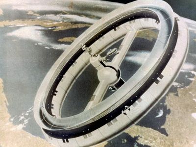 The classic wheel-shaped space station concept of the 1950s.