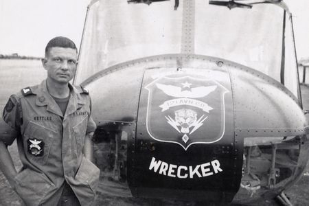 U.S. Army Maj. Charles Kettles, posing in front of a 121st Aviation Company UH-1H, during his second Vietnam tour of duty, 1969.