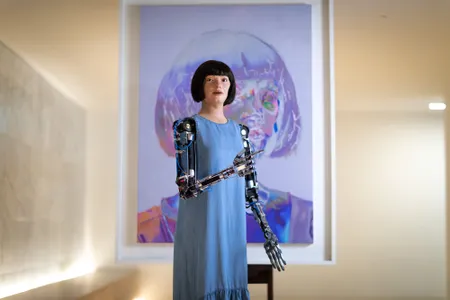 The robot Ai-Da in front of one of its self-portraits.