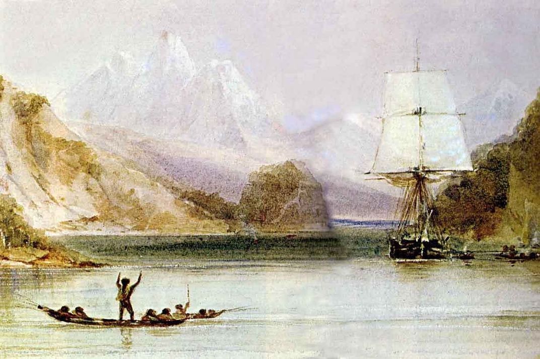 A painting of the HMS Beagle, the ship Darwin used to sail to South America. Mountains stretch across the background, as a boat with several people sitting floats in the foreground.