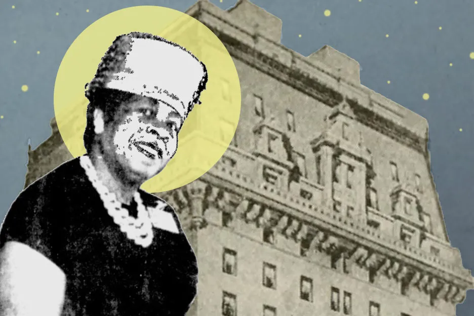Black-and-white image of a woman in Black dress, white necklace, and hat, in front of another black-and-white image of a hotel. She has a yellow circle behind her head, like a halo.