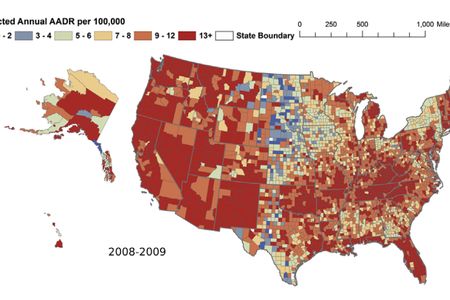 The distribution of drug deaths in American counties from 2008 to 2009