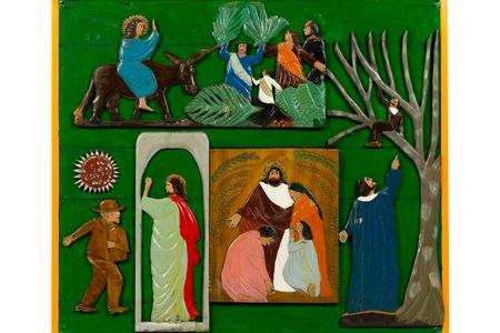 A page from Pierce's 1932  Book of Wood, designed as an aid for preaching the Bible, features scenes titled  Entry into Jerusalem, Zacchaeus Watches, Sun and Sower, Behold I Am the Door, and  Christ Teaches Humility.