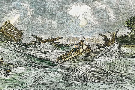 A 19th-century print of New Madrid earthquake chaos.