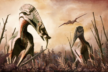 An artist's interpretation of two giant pterosaurs in the Late Cretaceous.