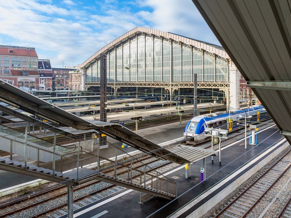 A train waits in a station